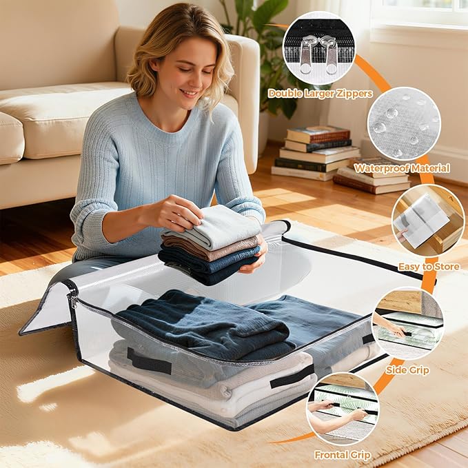 6 Pack Under Bed Storage Bags, 60L Foldable Clear Storage Containers with Handles, Dual Zippers for Comforter, Clothes, Bedding, Linen Sheets, Sweaters, Blanket Storage