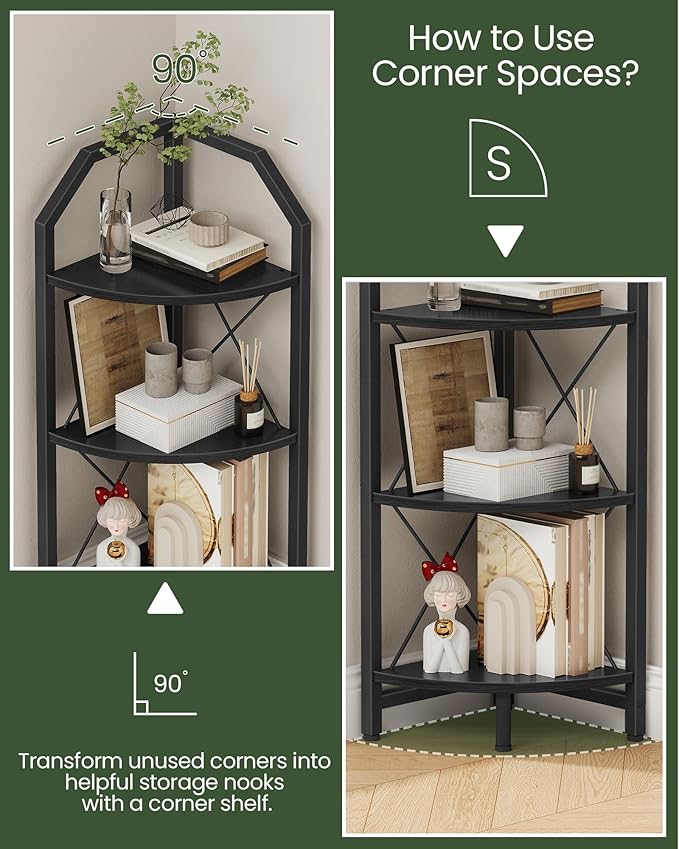3-Tier Corner Shelf, Industrial Corner Bookshelf, 35.4" Storage Stand, Plant Stand Display Shelf, Bookcase for Bedroom, Living Room, Home Office, Black TCJ03BB ﻿