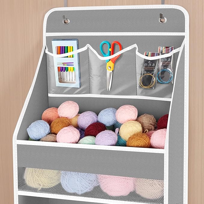 Univivi 5-Shelf Space Saving Door Storage Over Door Hanging Organizer with 4 Large Capacity Roomy Pockets Closet Cabinet Wall Mount Hanging Easy Install Storage Organizers for Baby Nursery (Grey)