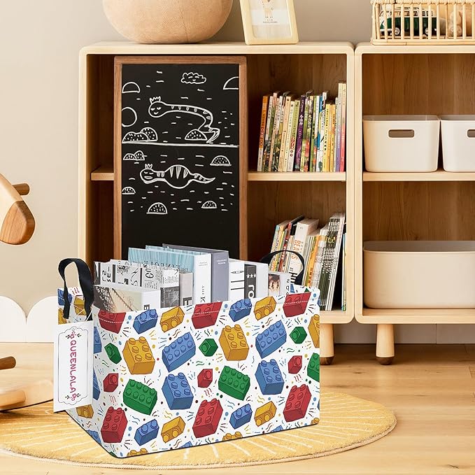 QUEENLALA Rectangular Laundry Hamper/Foldable Nursery Laundry Basket for Organizing/Storage Bin Baskets/Children Toy Office Bedroom/Toy Bin Closet Shelf Baskets (Rec-Blocks)