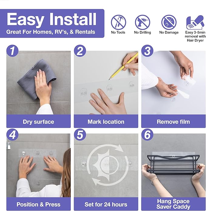 KINCMAX 2-Pack Strong Sticky Waterproof Heavy-Duty Wall Adhesives, Shower Caddy Adhesive Replacement Stickers, No-Trace Wall Adhesives Hook Strip for Shower Caddy, Kitchen Racks, Bathroom Shelf