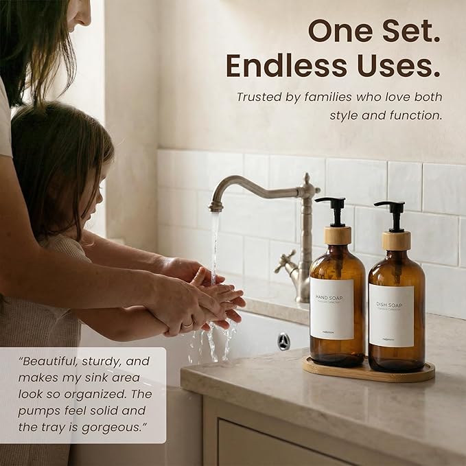 MaisoNovo Glass Dish Soap Dispenser for Kitchen Set of 2-16.9oz Amber Dish and Hand Soap Dispenser Set for Kitchen - Amber Glass Bottles x 2 with Black Bamboo Pumps & Tray