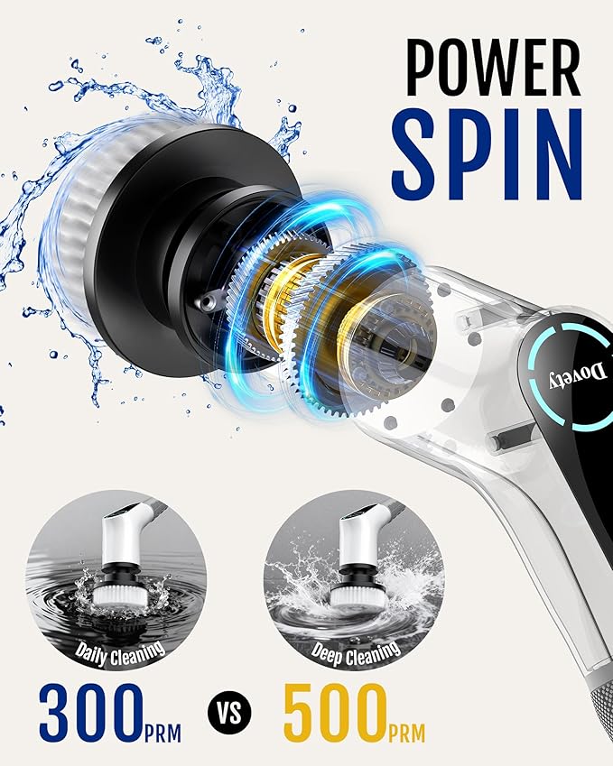 Dovety Electric Spin Scrubber, Cordless Cleaning Brush, Shower Scrubber with 8 Replaceable Brush Head, Power Cleaning Brush with Extension Handle, 2 Adjustable Speed, for Bathtub Grout Tile Floor