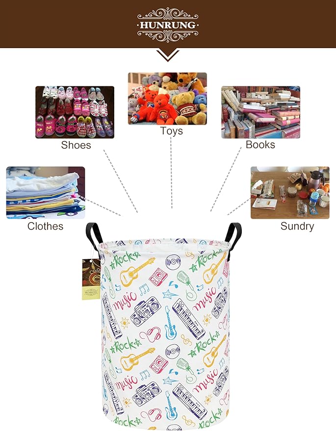 HUNRUNG Laundry Hamper,Large Canvas Fabric Lightweight Storage Basket Toy Organizer Dirty Clothes Collapsible Waterproof for College Dorms（Round-Musical instrument）