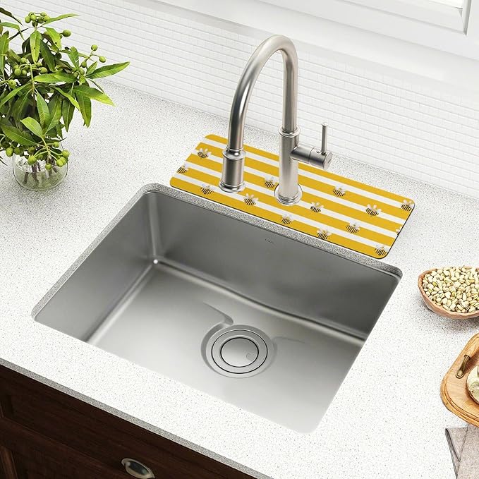 Kitchen Sink Splash Guard 2 PCS 14.7 Inch Sink Faucet Mat Splash Guard for Bathroom Countertop Water Absorbent Foldable Cuttable Soft Washable Yellow and White Striped Bees01
