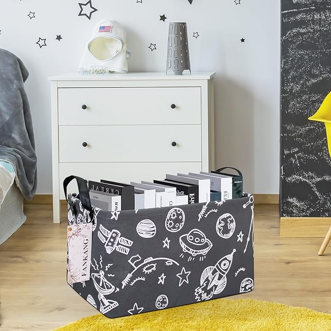 FANKANG Storage Basket,Nursery Hamper Canvas Laundry Basket Foldable with Waterproof PE Coating Storage, Office, Bedroom, Clothes,Toys (Rec-Space Planet)