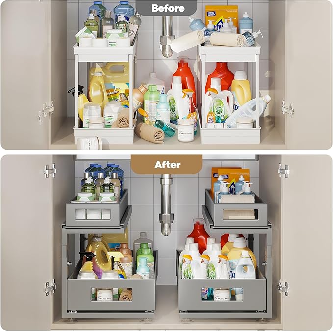 Corbyles 2 Pack 18.5IN-Depth Under Sink Organizer With Next-Gen Ball-Bearing Slides,2-Tier Pull Out Cabinet Storage,Height Adjustable Drawer Shelf for Bathroom,Kitchen,Laundry,Cabinet,Pantry-Gun Gray