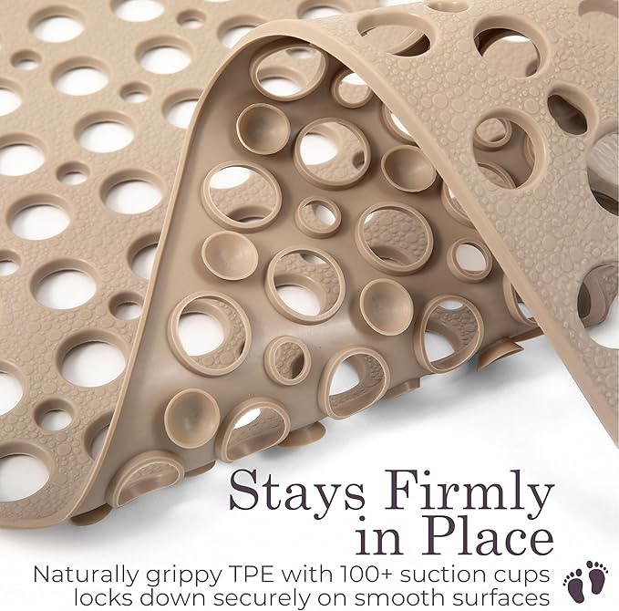 LUMA HOME Non Slip Bathtub Mat and Shower Mat Beige TPE Strong Suction Cups Aesthetic Bath Mat for Inside Shower with Soft Texture, Quick-Dry Drain Holes, Spa-Inspired Design 30x17” (75x43 cm) (2)