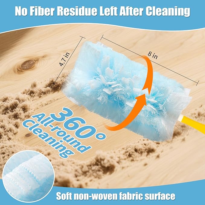 60 Count 360° Heavy Duty Duster Refills Compatible with Swiffer, Large Size-Extra Thick Disposable Electrostatic Duster Refill with 1 Short Handle for Furniture, Blinds, Ceiling Fans