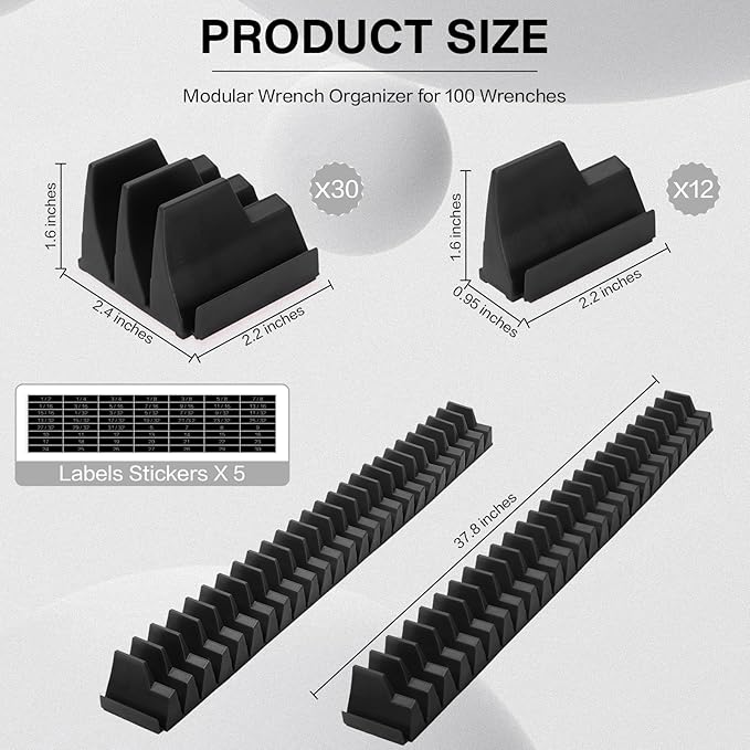 42 Pieces Modular Wrench Organizer Magnetic Wrench Holder Plastic Modular Tool Organizers with Label for Tool Drawer Storage (Black, for 100 Wrenches)