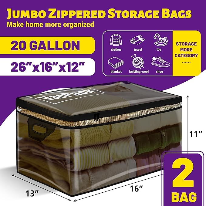 Jumbo Storage Bags Flexible Totes for Clothes, 10 Gallon Extra Large Zipper Bags for Storage (10 Gal-2 pack)