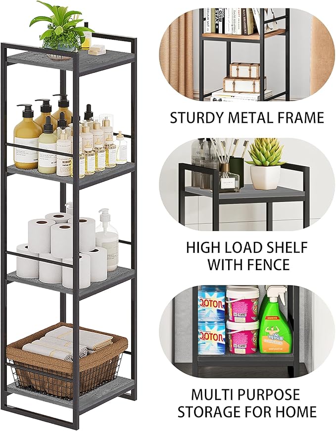 BYFU 4 Tier Bathroom Storage Open Shelf, Freestanding Metal Corner Storage Rack Shelving Unit for Bathroom Kitchen Living Room Hallway, Grey