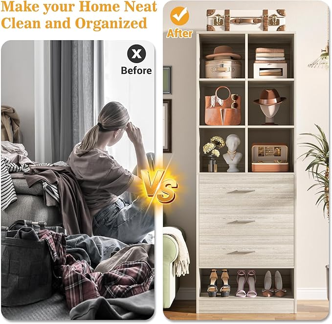Homieasy Closet System Organizer with 3 Drawers and Partition Storage, Freestanding Wardrobe Organizer Modular with Shoe Shelf, Expandable for Walk-in or Reach-in Closets, White Oak