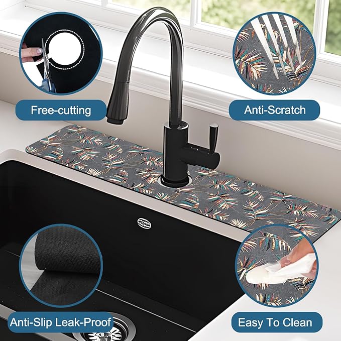 Ceramic Texture Sink Splash Guard Kitchen Tiles Faucet Absorbing Mat Fast Drying Mat Sink Gadgets Splash Guard Behind Faucet Drip Catcher for Kitchen Bathroom, 23.5"x5.5"