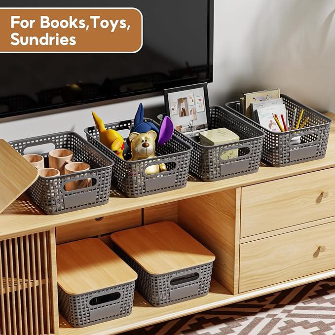 8 PCS Plastic Storage Bins with Bamboo Lid, Stackable Storage Bins with Lids & Labels for Organizing, Storage Bins for shelves, Office, Drawer, Cabinet & Pantry,Nursery Organization,10.2x7.2x4 .1In