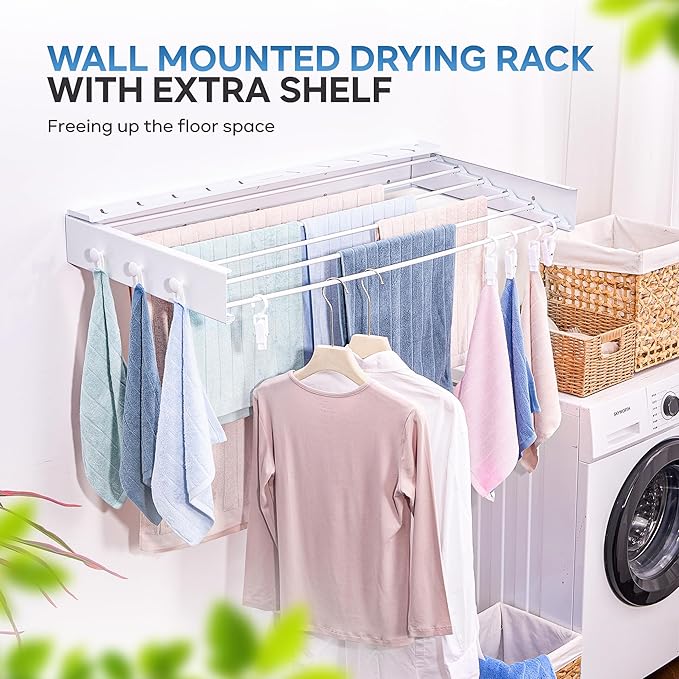 40" Premium Aluminium Foldable Clothes Drying Rack Included Shelf with 6 Rods & 6 Extra Clips - Large Laundry Rack | 65 LBs Capacity Space-Saving Collapsible Design for Indoor Outdoor Use
