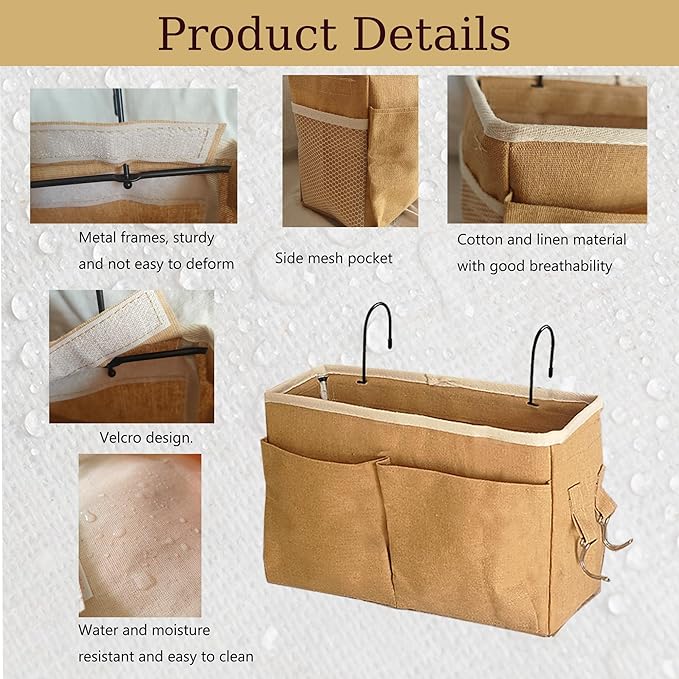 Someteth Bedside Caddy Bedside Hanging Storage Basket Multi-Function Organizer Caddy for Bunk and Hospital Beds Dorm Rooms Bed Rails, Can be Placed Glasses Books Mobile Phones（2pcs Dark khaki）
