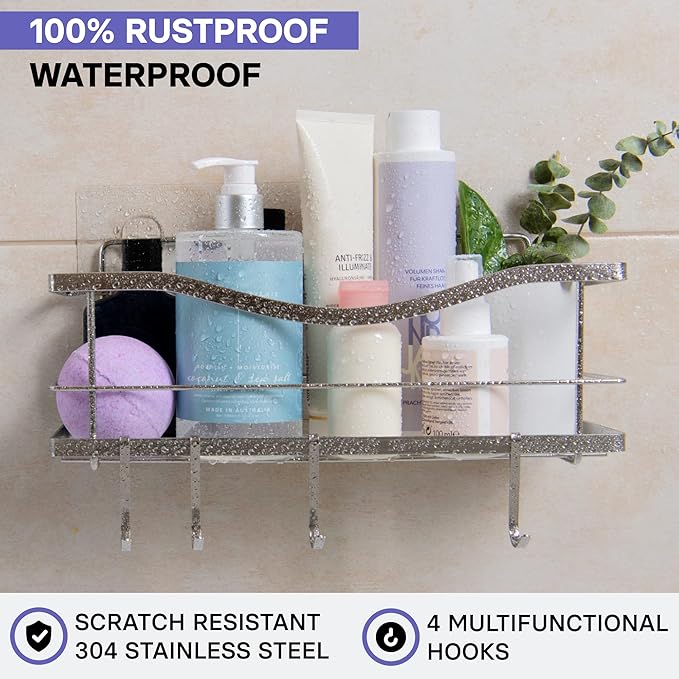 KINCMAX Premium Shower Caddy - Self Adhesive Shower Organizer with 4 Hooks, Rustproof Stainless Steel Shower Rack for Bathroom, Silver
