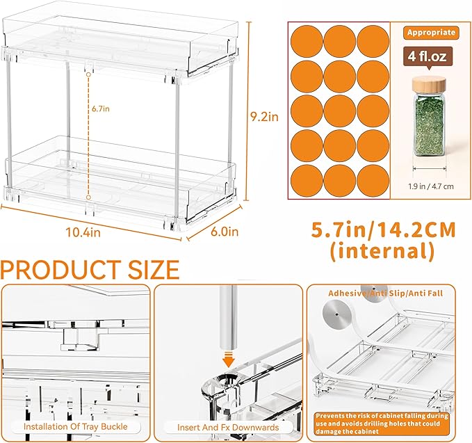 Yieach 4 Pack 2 Tier Vertical Spice Rack Pull Out,10.4'' Deep Narrow Slide Out Spice Rack Organizer for Inside Cabinets,Kitchen,Pantry,Cupboard Seasoning,Can,Jar Organizer and Medicine Cabinet Storage