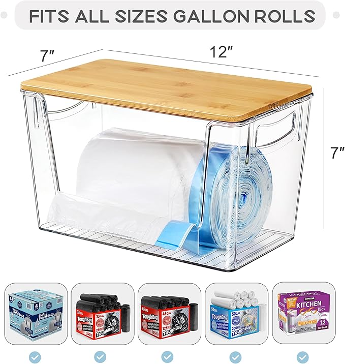 Pantry Organizers Storage, 2 Pack Under Sink Organizer Trash Bag Holder with Bamboo Lids Large Capacity Clear Storage Bins for Onion, Potato, Garlic, Canned Food Kitchen Countertop Organizer