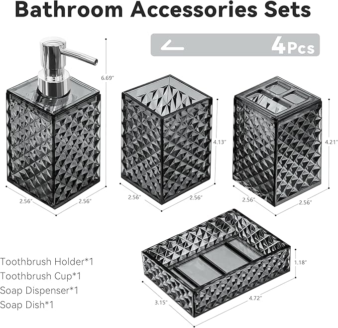 Bathroom Accessory Set, 4 PCS Grey Bathroom Accessories Set, Soap Dispenser and Toothbrush Holder Set, Soap Dish and Mouthwash Cup, Boho Bathroom Decor, Bathroom Sets Accessories