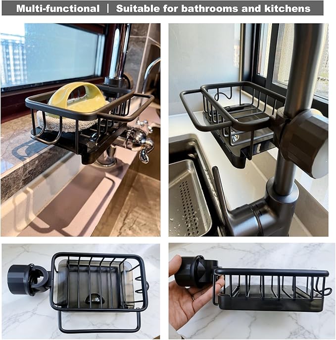 Sink Organizer Rack for Kitchen and Bathroom, 2025 New Stainless Steel Detachable Hanging Faucet Drain Rack with Drip Tray Faucet Sponge Holder for Bathroom (Black, Right)