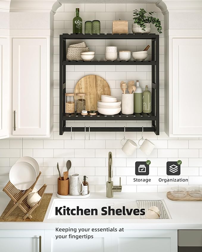 Bathroom Shelves Towel Racks Over Toilet Storage with Towel Bar 3 Tier Floating Wall Mounted Space Saving Bamboo Paper Holder for Bathroom Laundry Room Kitchen Organizers (Black)