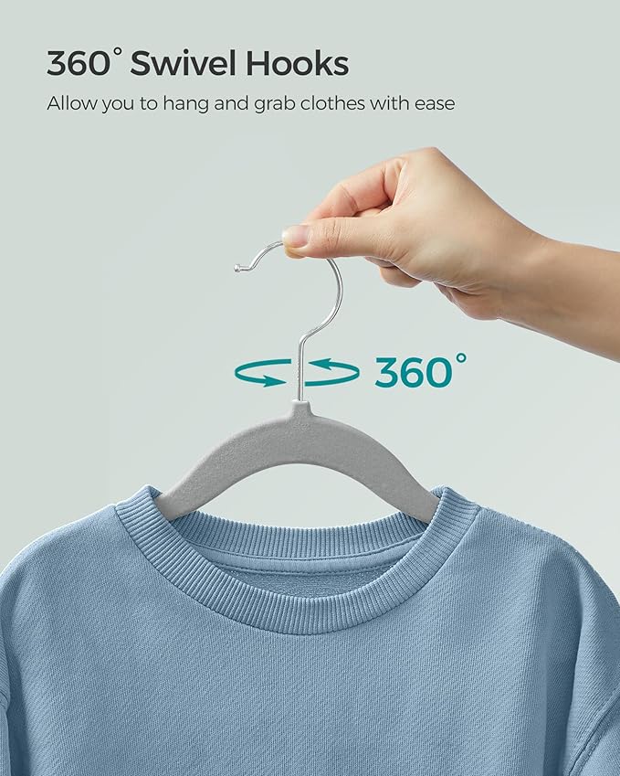 SONGMICS Baby Kids Hangers 30 Pack for Closet, 11.8 x 8.1 Inches, Silver 360° Swivel Hooks, Space-Saving Clothes Velvet Hangers for Nursery, Non-Slip, Dove Gray UCRF027G30