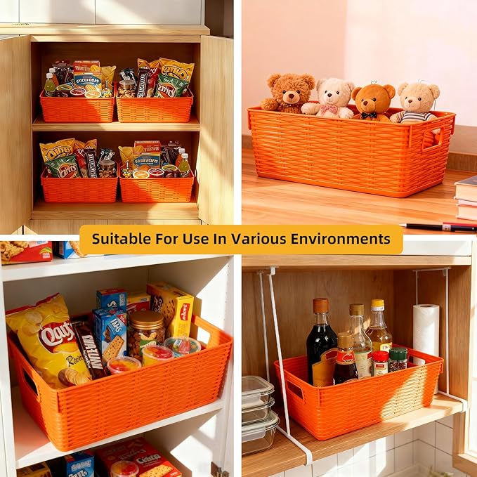 12-Pack Plastic Storage Baskets, Stackable & Nestable Organizer Bins for Toys, Clothes, Home (Orange - Rectangular)