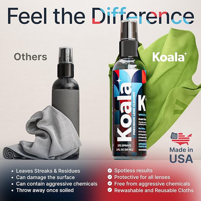 Koala Eyeglass Lens Cleaner Spray Kit | (2x) 8oz + (1x) 2oz Glasses Cleaner Bottle + (3x) Microfiber Cloth | Alcohol Free Eyeglasses, Screen, and Camera Cleaning Kit (6 Piece Set)