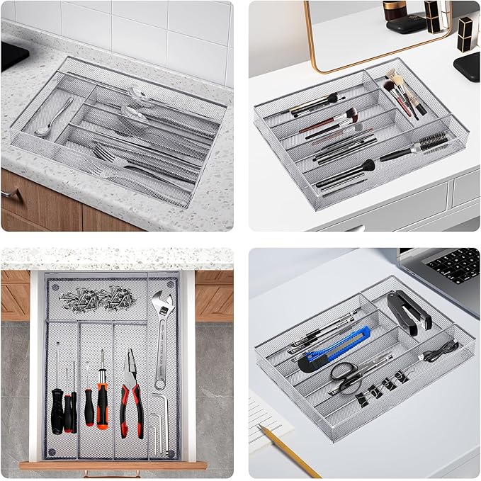 Neudeco Silverware Drawer Organizer Holder, Cutlery Tray Silverware Flatware Storage Divider for Kitchen, Bedroom, Living Room,Mesh Wire with Non-slip foam Feet, 5 Compoment（ Silver）