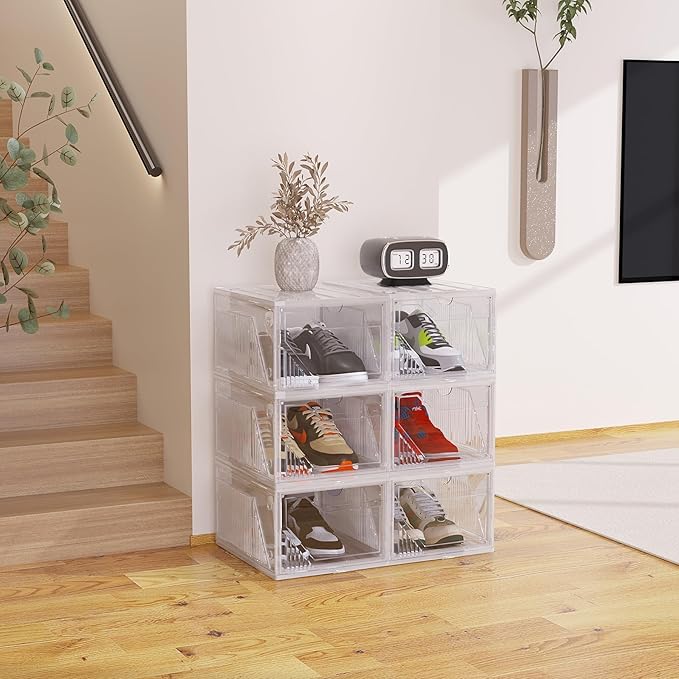 AWTATOS Shoe Boxes, 6 Pack Shoe Storage Organizers, Plastic Stackable Shoe Rack, Sneaker Containers, Toy Storage Bins for Entryway, Closet, Under Bed, Clear