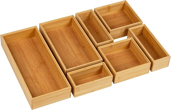 Mind Reader 7-Piece Bamboo Drawer Organizer Set, Storage Trays for Kitchen, Bathroom, Office, Makeup, Jewelry & More, Utensil Holder, Rayon from Bamboo, 21"L x 13.875"W x 2.375"H, Brown