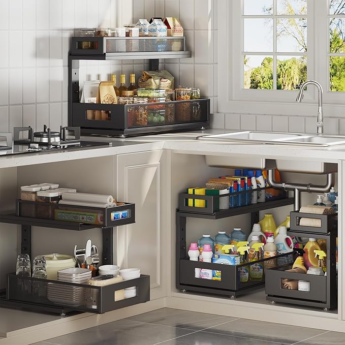 Corbyles 2 Pack 18.5IN-Depth Under Sink Organizer With Next-Gen Ball-Bearing Slides,2-Tier Pull Out Cabinet Storage,Height Adjustable Drawer Shelf for Bathroom,Kitchen,Laundry,Cabinet,Pantry-Black