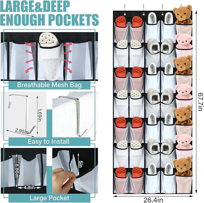 Windyun 2 Pcs 70 Large over The Door Shoe Organizer Hanging Shoe Rack for Closet Holder Black Mesh Pockets Back to School Behind Door Hanger Storage Nonslip for Home Room School Dorm, Each 35 Pockets