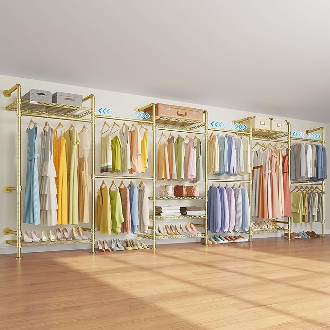 Timate F6 Wall Mounted Clothes Rack - Expandable Industrial Pipe Closet System, Heavy Duty Hanging Garment Rack, Closet Organizer & Storage Solution for Wardrobe, Bedroom,Walk-in Closets,Gold