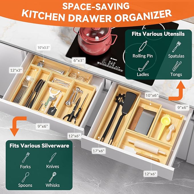 Bamboo Drawer Organizer for Kitchen Utensils, 2 Pack Stackable Bamboo Kitchen Drawer Organizers, Silverware & Utensil Drawer Trays, 10" x 6" x 2" (Outer), 9.3" x 5.3" x 1.3" (Inner)