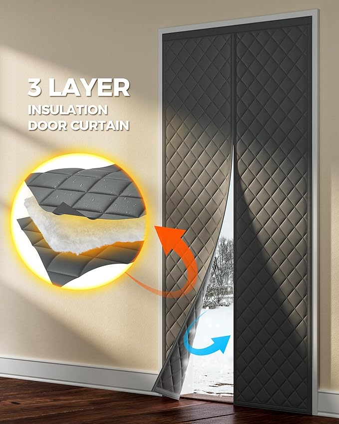 Magnetic Thermal Insulated Door Curtain Fits Door Size 38 x 83 Inch, Insulation Cover for Cold, Oxford Cloth Thicken Cotton Filled Blanket for Front Back Attic Door in Winter, Grey