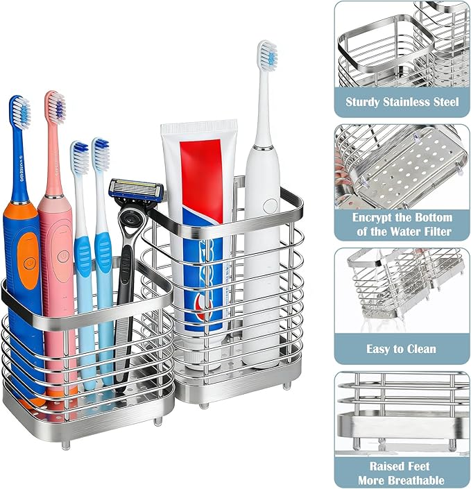 MYITYARD Toothbrush Holder for Bathroom, Stainless Steel Ventilated Electric Toothbrush & Toothpaste Holder, Modern Metal Bathroom Toothbrush Organizer, Bathroom Accessories, 2 compartments