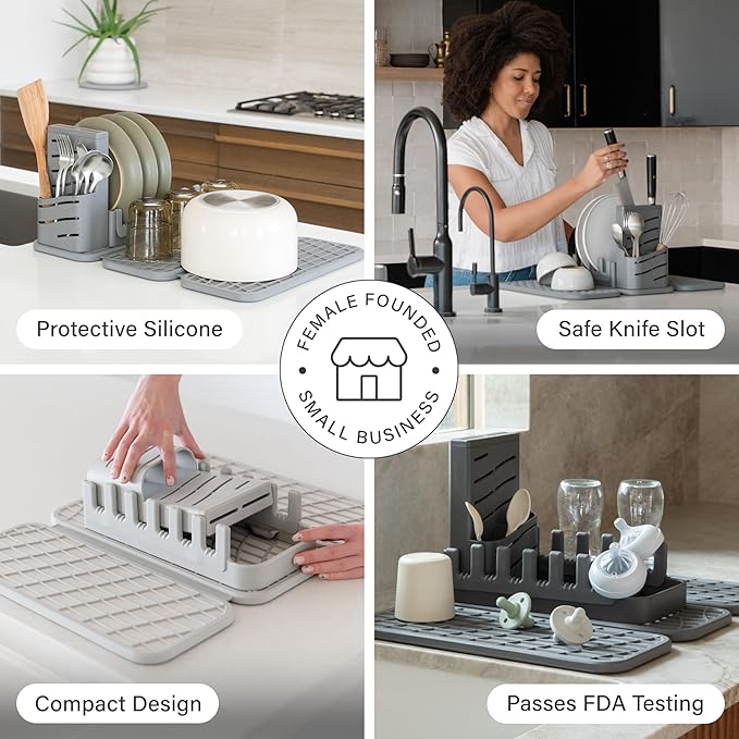 Dorai Home Collapsible Dish Drying Rack and Stone Pad – Foldable Rack with Instant - Dry Stone Mat – Space-Saving Dish Drainer for Kitchen Counter -19.9" x 15.2" (Sandstone)