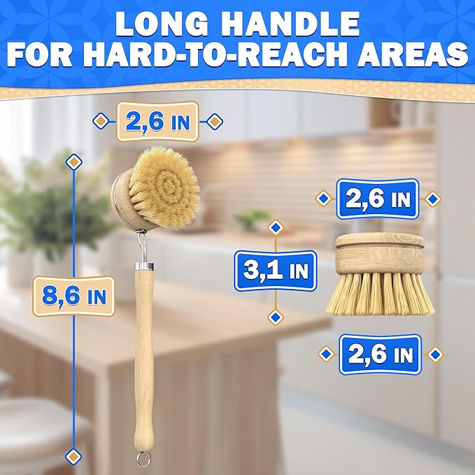 5 Pcs Bamboo Dish Brush Set – Bamboo Dish Scrubber with Soft & Stiff Non-Scratch Bristles, Ergonomic Handle, Replacement Head Included – Lightweight Kitchen Scrubber for Pots, Bottles & Vegetables