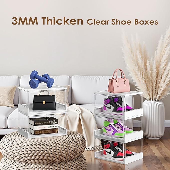 Thicken & Sturdy Clear Shoe Boxes with Magnetic Door, 3 Pack Stackable Multi-functional Shoe Storage, Shoe Organizer for Closet, Space Saving, 360 ° Dustproof & Moisture-proof, Fits Up to US Size 13