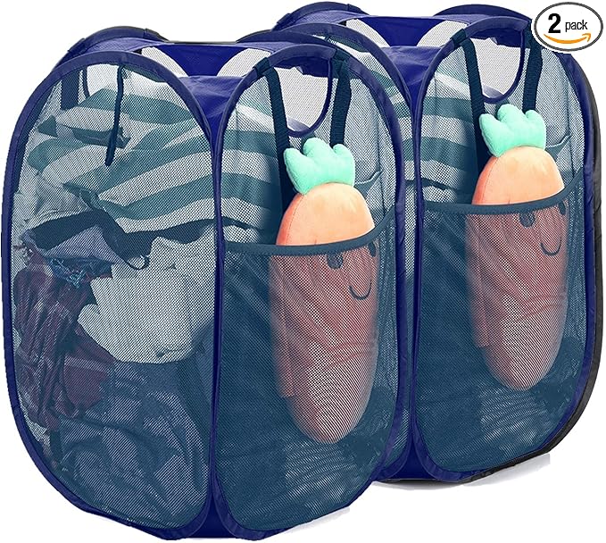 [Reinforced] Strong Mesh Pop-up Laundry Hamper, Quality Collapsible Laundry Basket with Durable Handles Solid Bottom High Carbon Steel Frame, Easy to Open and Fold Flat for Storage(Blue)