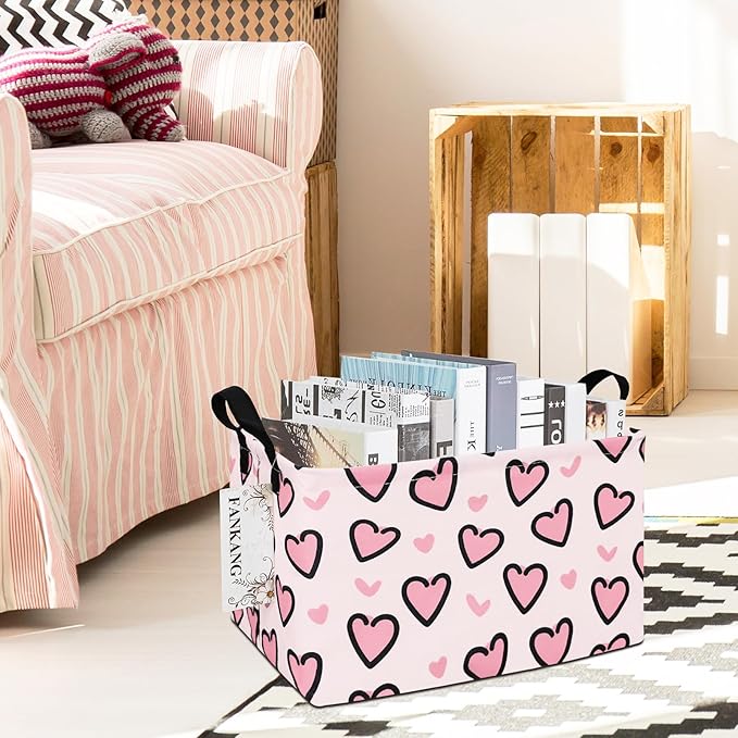 FANKANG Storage Bins, Nursery Hamper Canvas Laundry Basket Foldable with Waterproof PE Coating Large Storage Baskets for Kids Boys and Girls, Office, Bedroom, Clothes,Toys(Rec-Pink Love ）