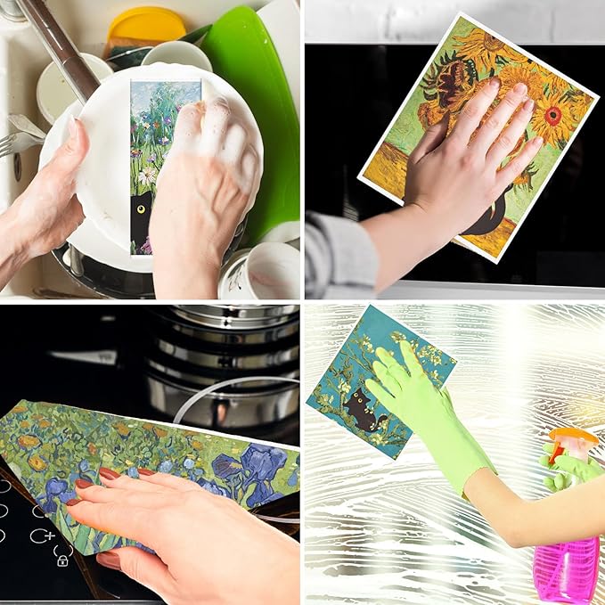 Swedish Dishcloths for Kitchen, 6PCS Black Cat Cellulose Sponge Reusable Paper Towels Washable, Absorbent Fast Drying Swedish Dish Cloth for Home Cleaning