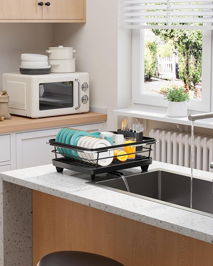 Extendable Dish Drying Rack Over Sink with Dish Drainer, Sink Organization and Storage Essentials with Silverware & Utensil Holder, Home and Apartment Decor, 12" W x 16.1~23" L, Black
