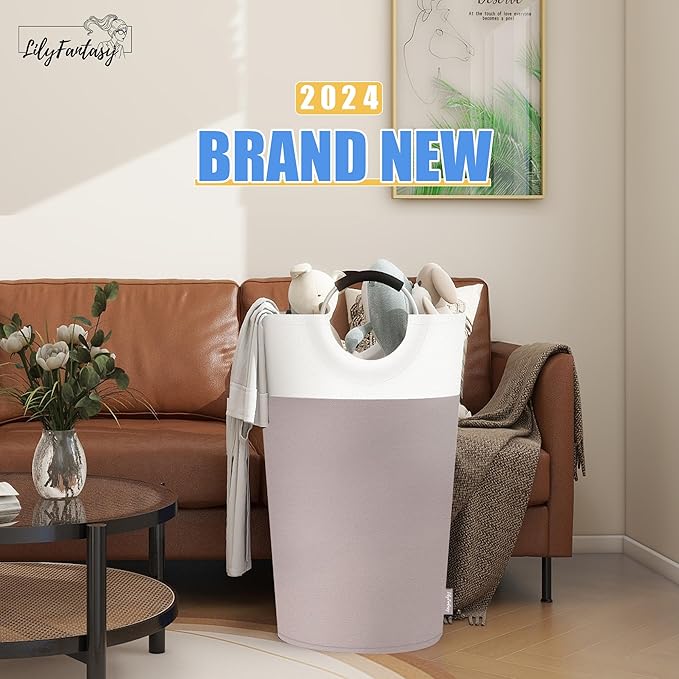 100L Laundry Basket, Collapsible Laundry Hamper with Padded Handles, Waterproof Laundry Bag, Tall Clothes Hamper Stand Up Well, Foldable Laundry Baskets for Easy Storage(Khaki)