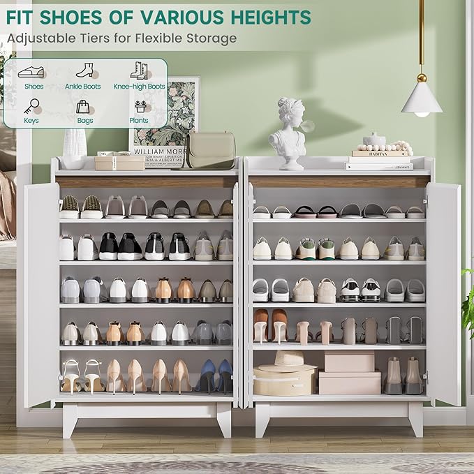 ZLWJGY White Fluted Shoe Cabinet with Adjustable Shelves, Shoe Cabinet Storage for Entryway Hallway Living Room Bedroom, Shoe Rack Cabinet with 2 Doors 2PC, White & Walnut 43.7” H