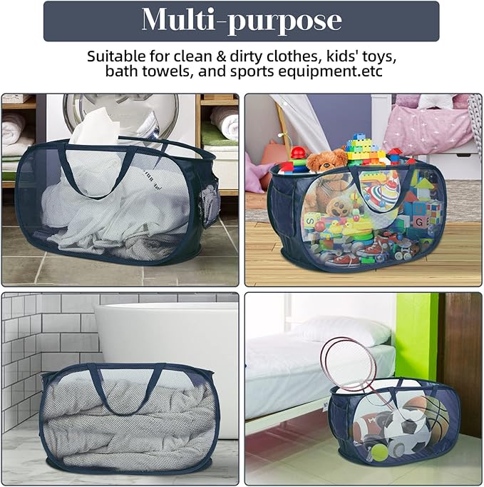 Durable Collapsible Laundry Baskets, Mesh Pop Up Laundry Hamper with Side Pocket, Foldable Clothes Storage Hamper with Reinforced Carry Handles for Laundry, Bathroom, Kids Room, Dorm or Travel Navy