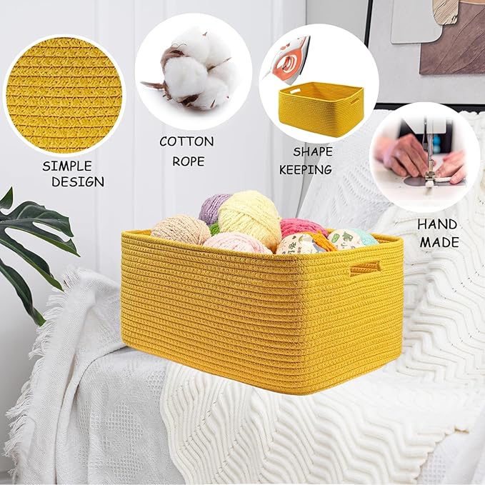 COMFY-HOMI 2 pcs Large Storage Baskets for Shelves, Laundry Basket, Woven Rope Basket, Closet Organizer Bins for Clothes Blanket Towels, Baby Nursery, Gift Toy Baskets, 17” x 13” x 7.5”-Yellow